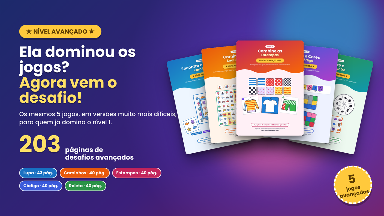 Mockup do Nível Avançado com os 5 Jogos de Raciocínio Lógico e Discriminação Visual